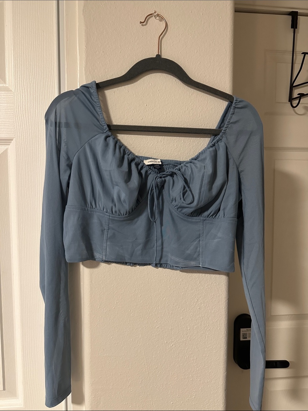 American Eagle Outfitters Dusty Blue Long-Sleeve Cropped Tie-Front Top